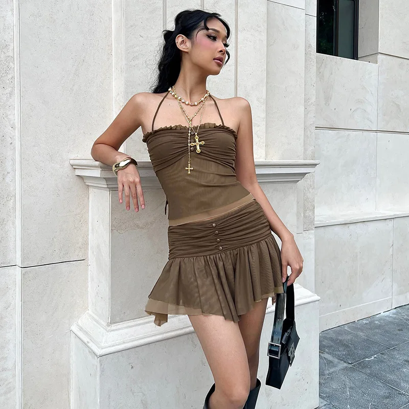 

Low Waist Lace Halter Neck Splice Skirt Pure Color Set for Women Summer 2025 Casual Sportswear Half Body Skirt Pleated
