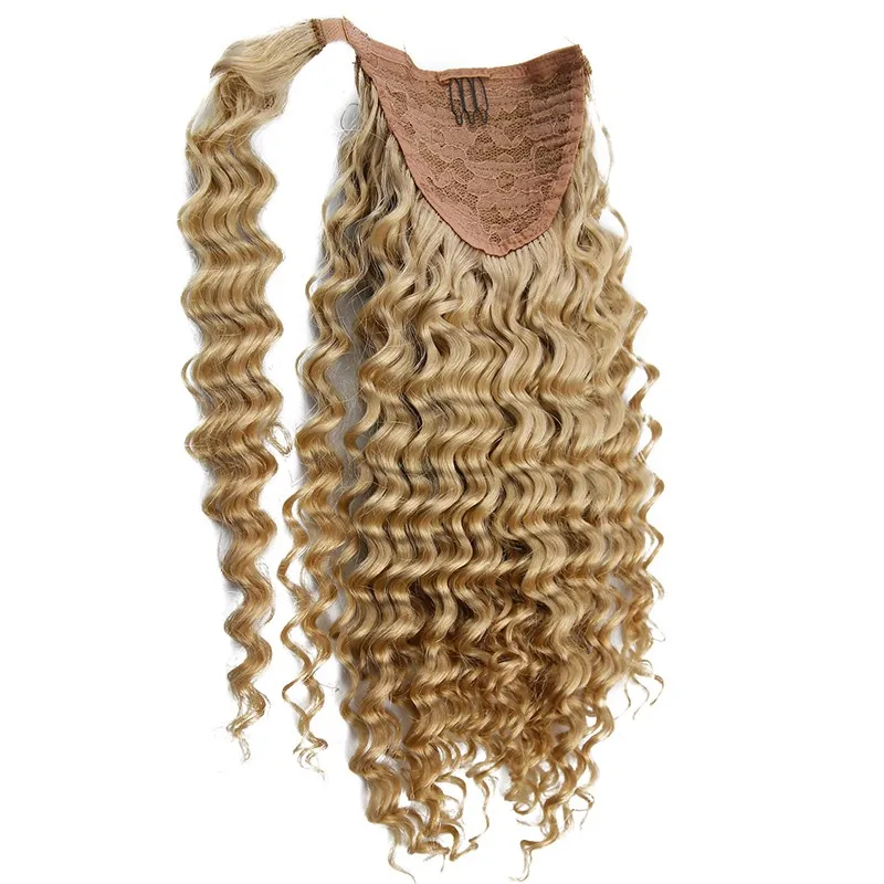 

Deep Wave Drawstring Ponytail Clips in 100% Real Brazilian Human Remy Hairpiece Women Horsetail Clips in Human Hair Extension