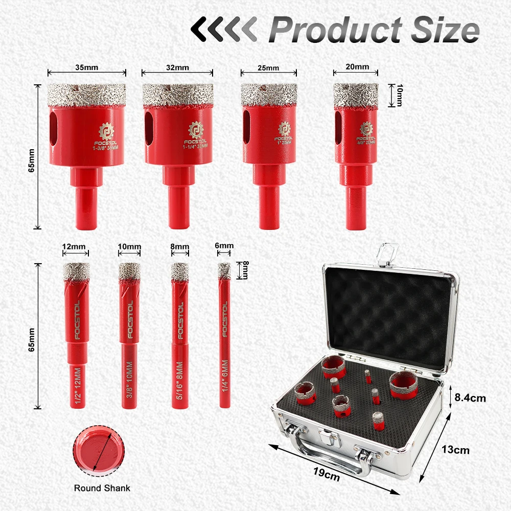 

FOCSTOL 8pcs Hole Saw Drill Core Bits round Shank Brazed Drilling Bit for Tile Granite Marble Diamond - Tile Drill Bits