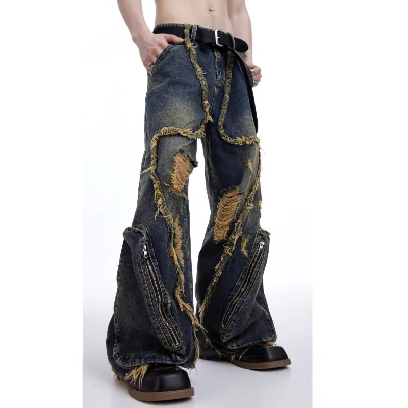 2026 New Men's Retro Raw Edge Ripped Wide Leg Jeans Y2k High Street Zipper Baggy Denim Pants for Men Korean Fashion Streetwear