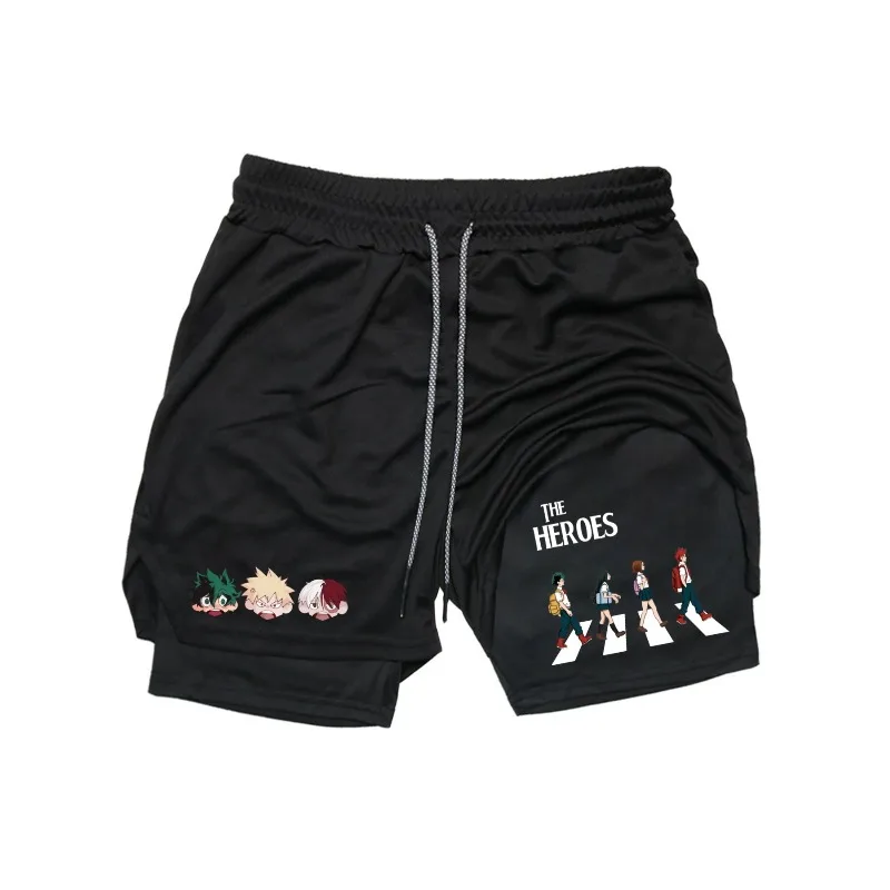 

Heroes Print 2in1 Running Workout Shorts Men Gym Performance Compression Shorts with Phone Pocket Towel Loop Athletic Activewear