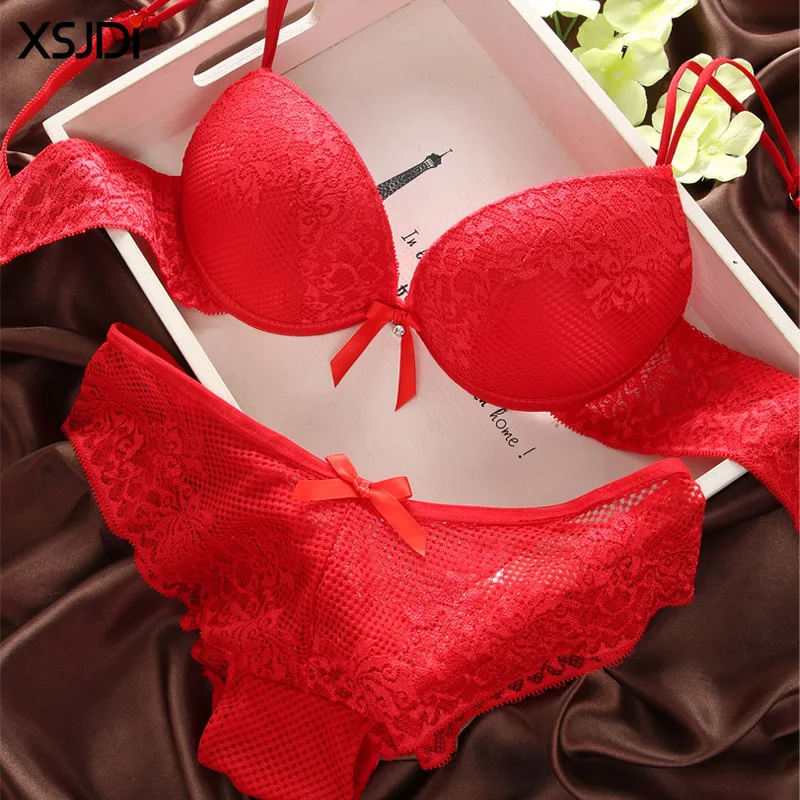 Women\'s Sexy Lace Bra Set Fashion Thin Deep V Bra Push-up Underwear Lenceria Mujer Vintage Embroidered Solid Color Bra Set