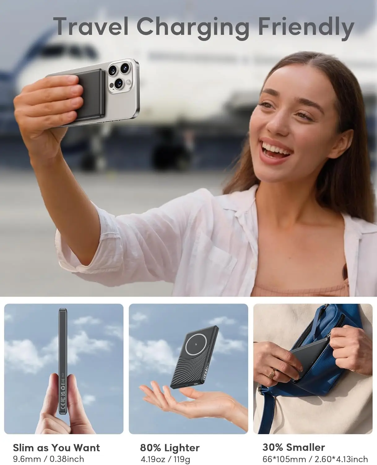 5000mAh Magnetic Power Bank, Wireless & 20W Fast Charger, for iPhone, Samsung (Type-C), Travel Portable Phone Battery Pack. view 2