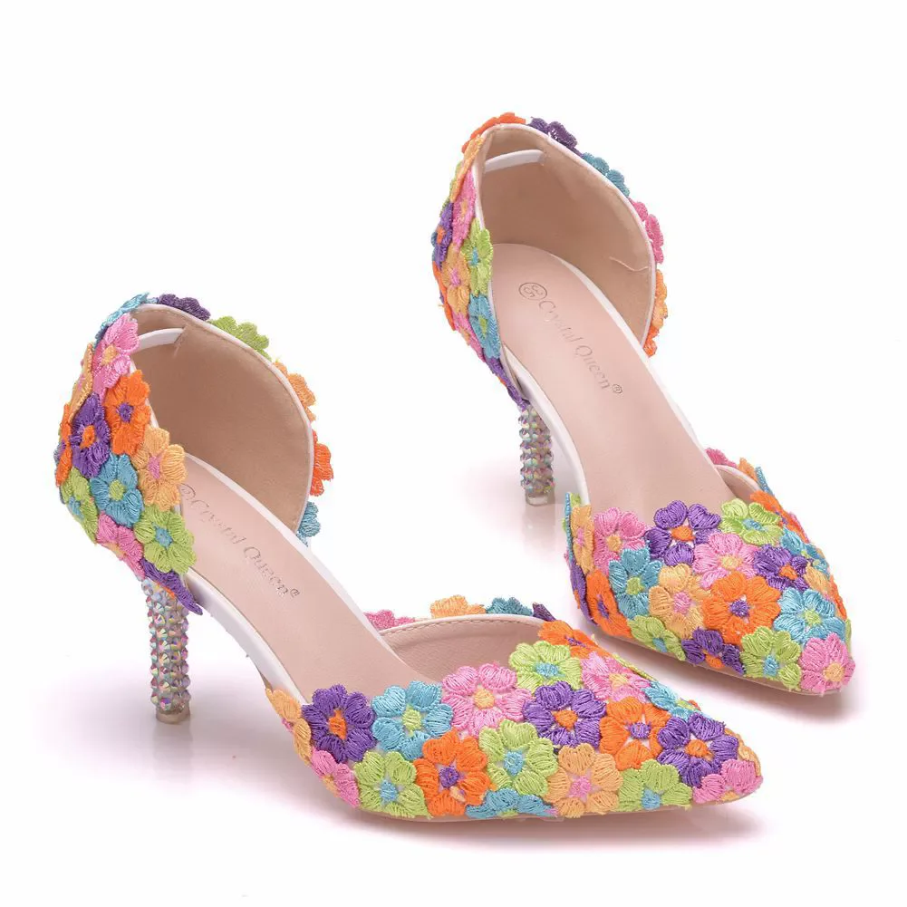 

Spring and summer new pointed toe hollow colorful lace single shoes banquet large size crystal thin high-heeled women's sandals