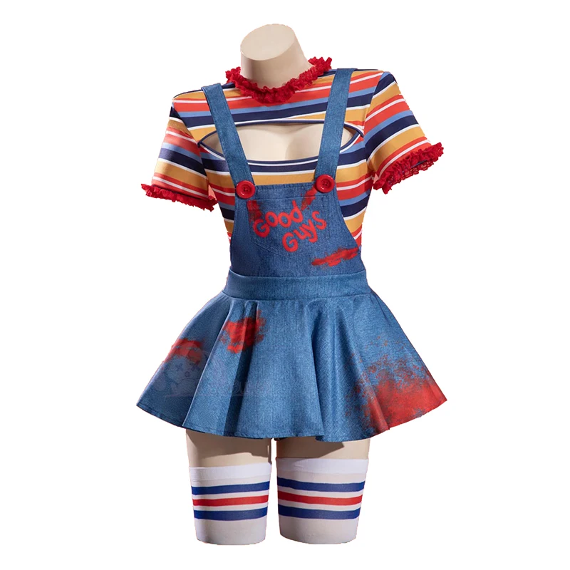 

Bride of Chucky Cosplay Costume Women Sexy Stripes Short Sleeve Bodysuit Skirt Socks Suit Halloween Carnival Horror Clothes