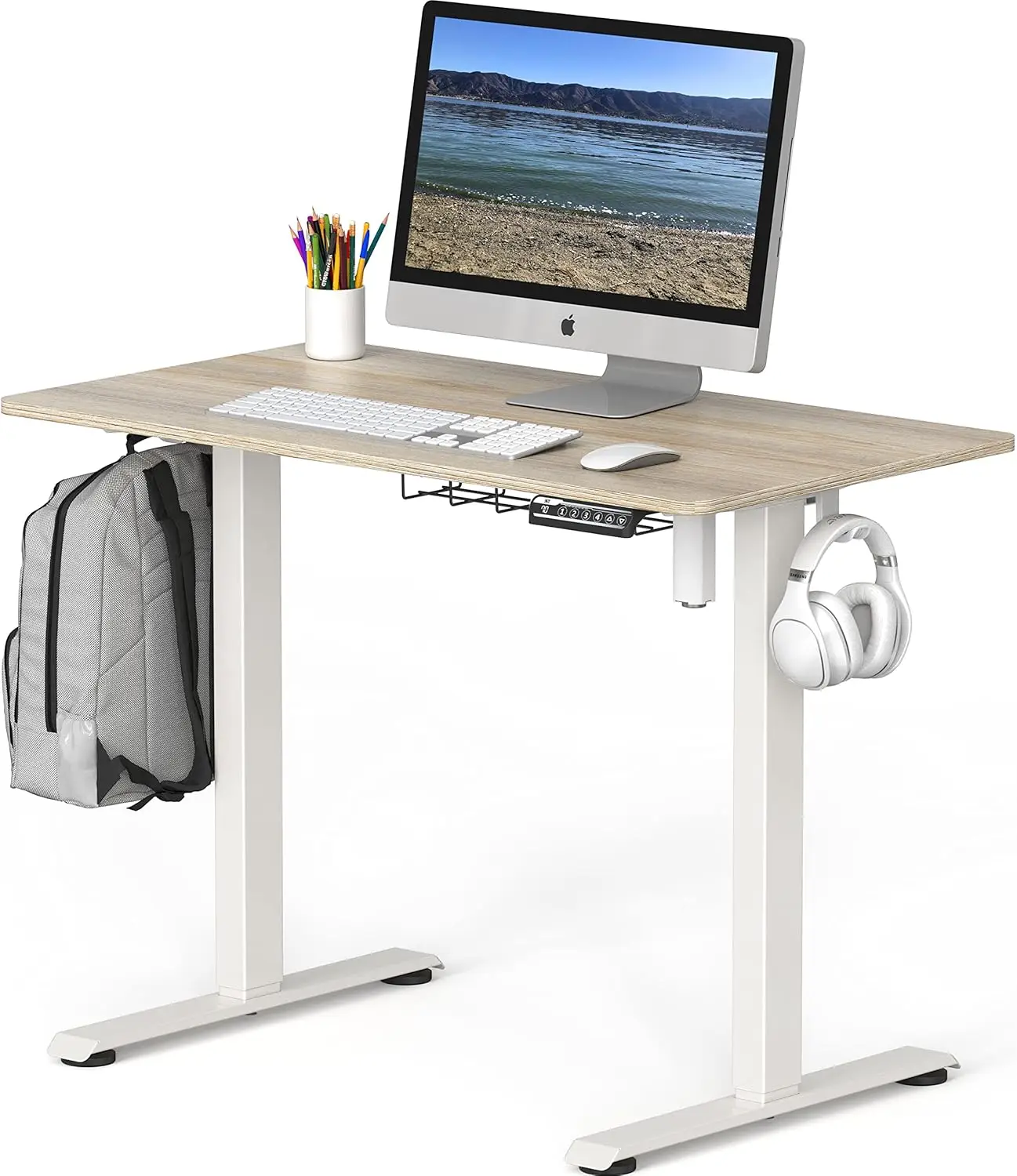 Small Electric Height Adjustable Sit Stand Desk with Hanging Hooks and Cable Management,40 x 22 Inches,White Frame and Maple Top