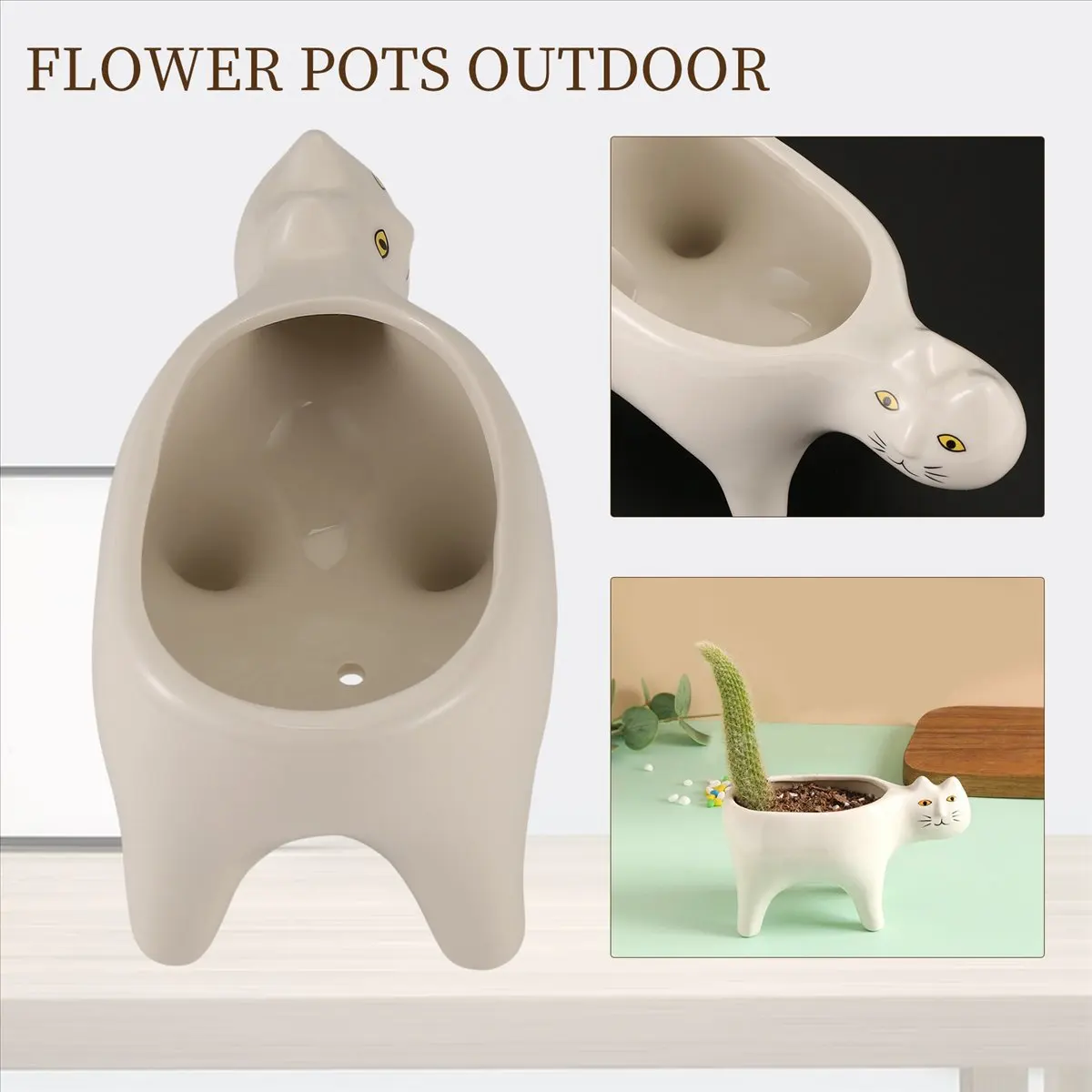ABFW Cute Cat Ceramic Garden Flower Pot Animal Image Cactus Plant Planter Plant Container Tabletop Decoration White