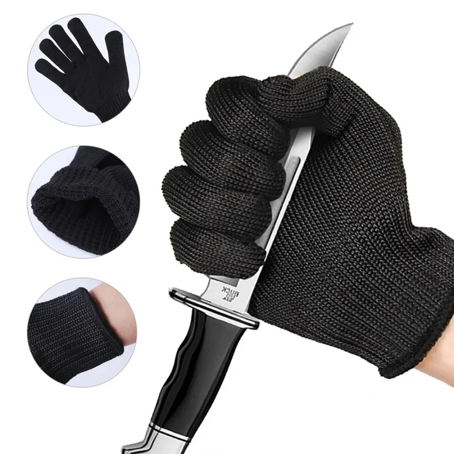 1Pair Black Steel Wire Metal Mesh Gloves Safety Anti Cutting Wear Resistant Kitchen Butcher Working Gloves Garden Self Defense