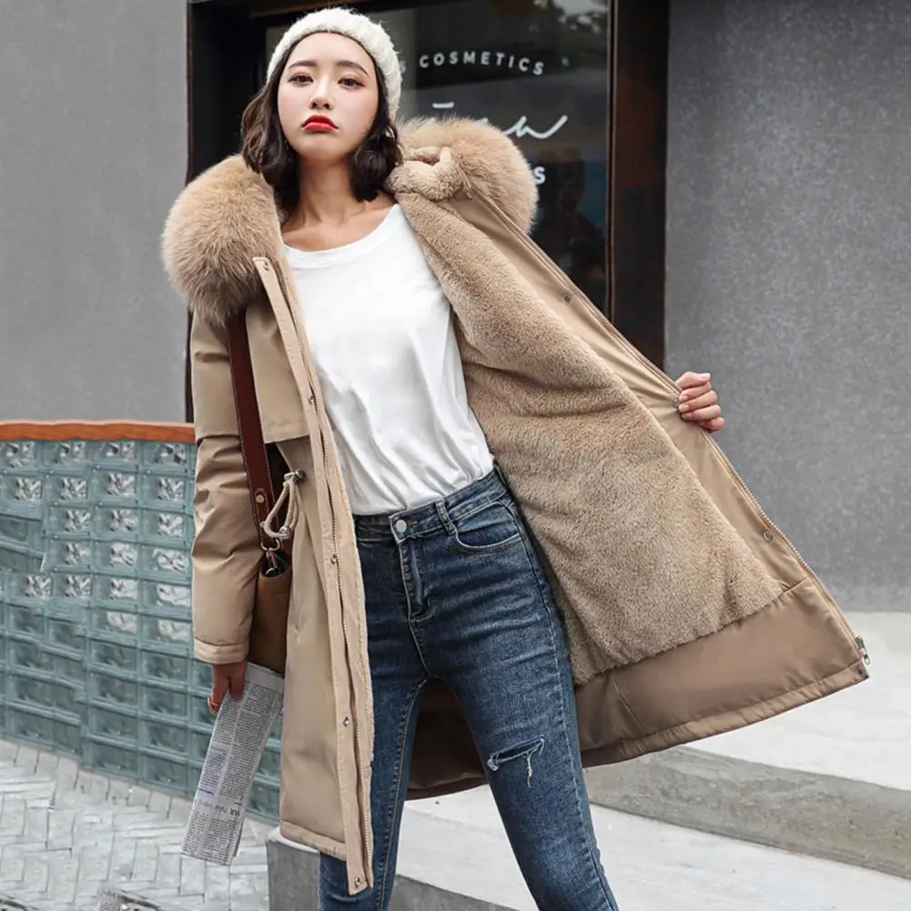 

Winter Women Jacket Furry Hood Long Sleeves Zipper And Button Closure Thick Plush Lining Cotton Coat Mid Length Windproof Coat