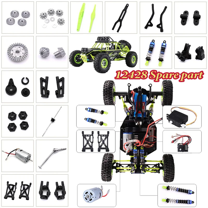 WLtoys 12428 pièces de rechange bras oscillant, tasse de direction, tige de traction, arbre d'entraînement, engrenage, différentiel, servo, moteur, amortisseur, pneu