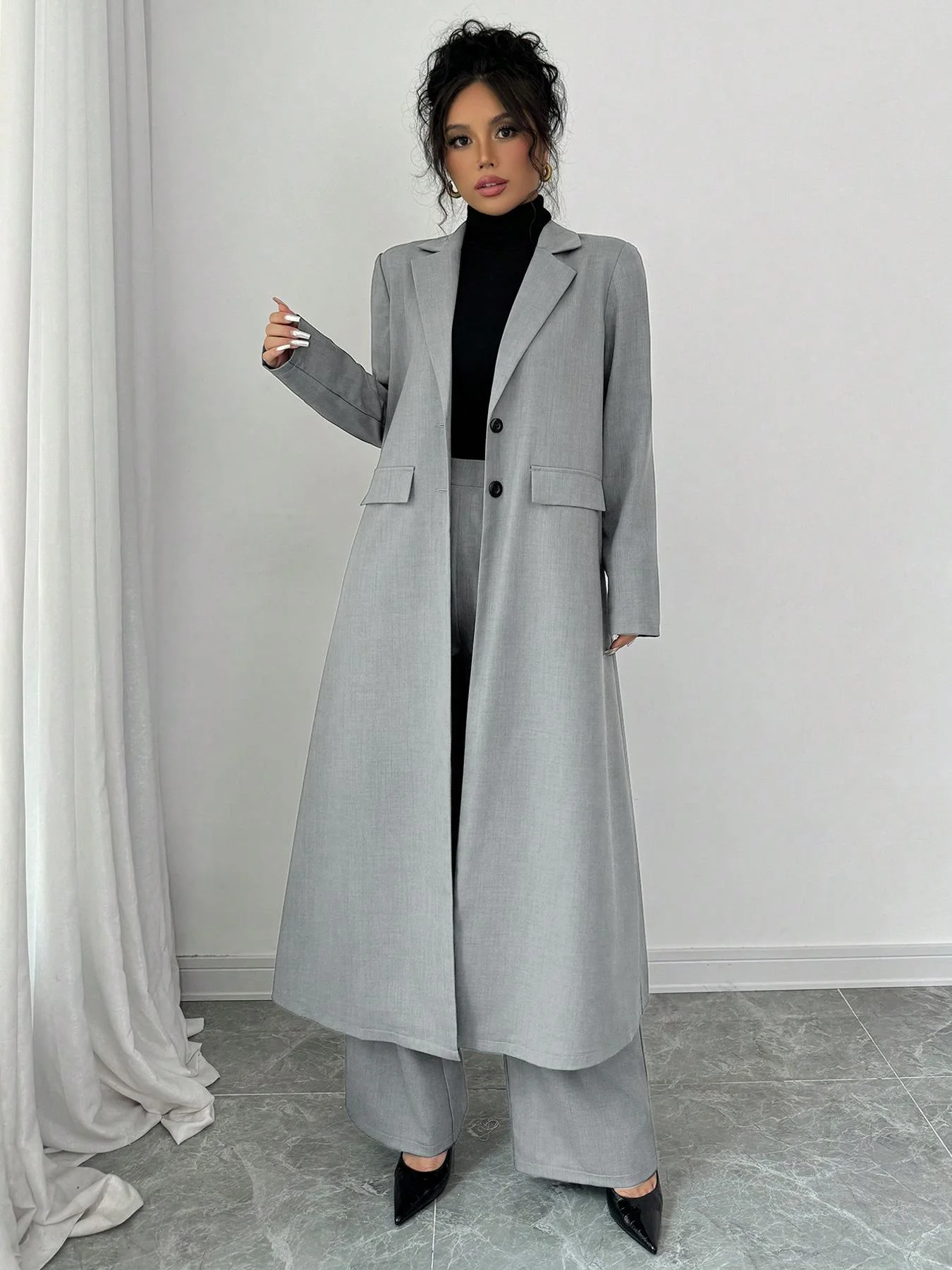 Zweiteiliges Business-Set für Damen, lange Manteljacke und bequeme Anzughose, professionelle Bürokleidung, elegantes Design für Damen