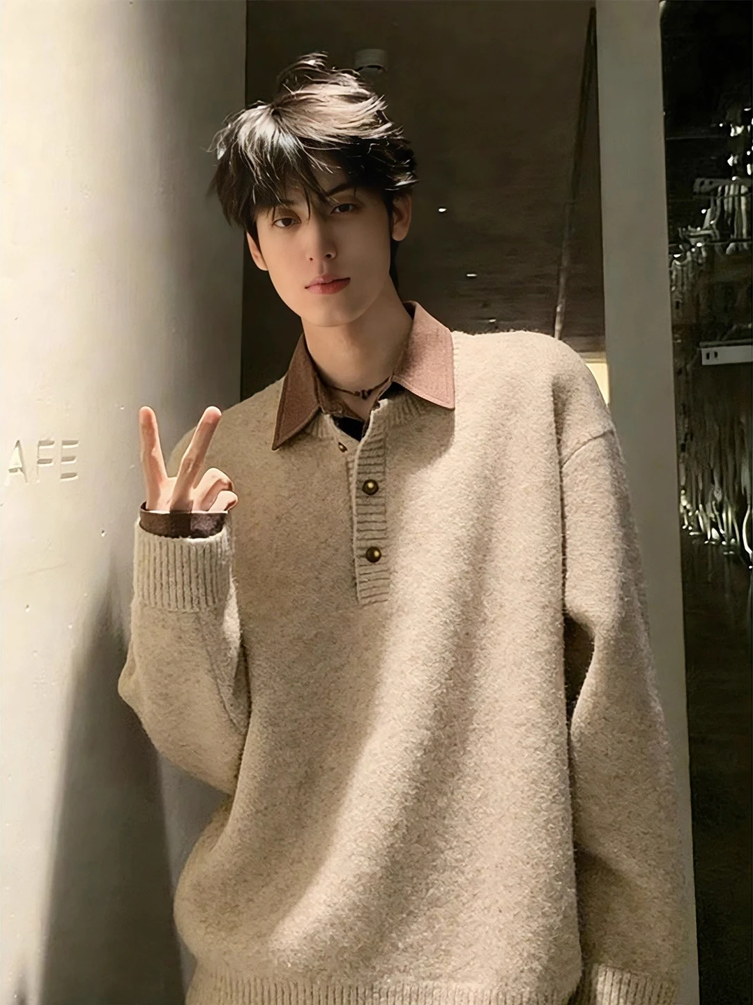 

Мужской свитер цвета хаки с воротником, утепленный, зимний, теплый, для ношения под одеждой, вязаный, на пуговицах, свободного кроя, повседневный