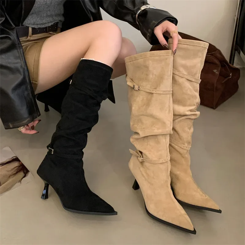 

New Womens Boots Sexy Pointed High-heeled Boot High Quality Suede Long Boots for Women Knee High Boots Fashion High Tube Booties
