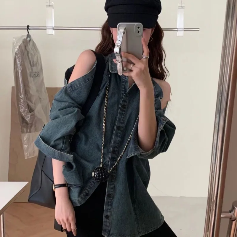 Korean Vintage Sexy Denim Tops Streetwear Chic Coat Women Y2k Loose Hollow Out Long Sleeve Off Shoulder Jackets Outerwear