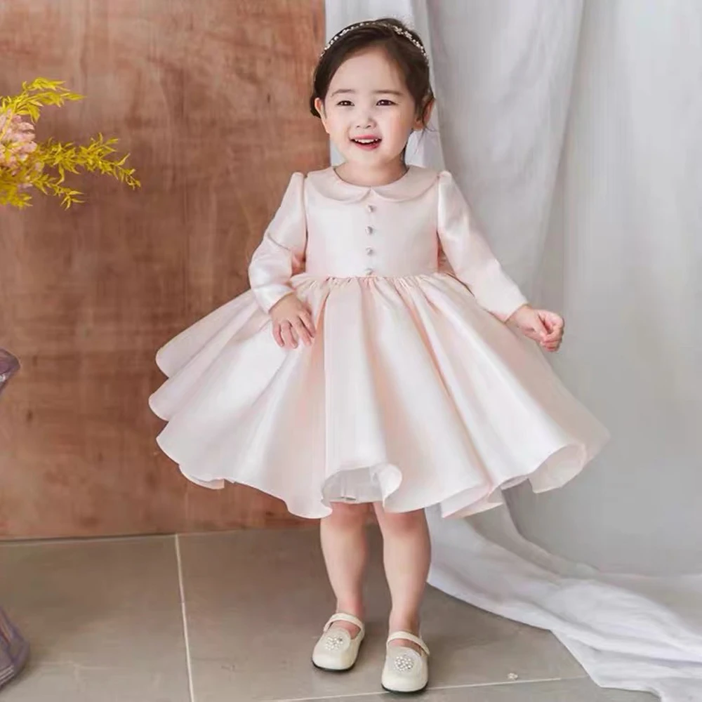 Gorgeous Pink White New Spring Summer Autumn Long Sleeve Peter Pan Collar 1 to 7 Year Birthday Party Baby Girls Princess Dress