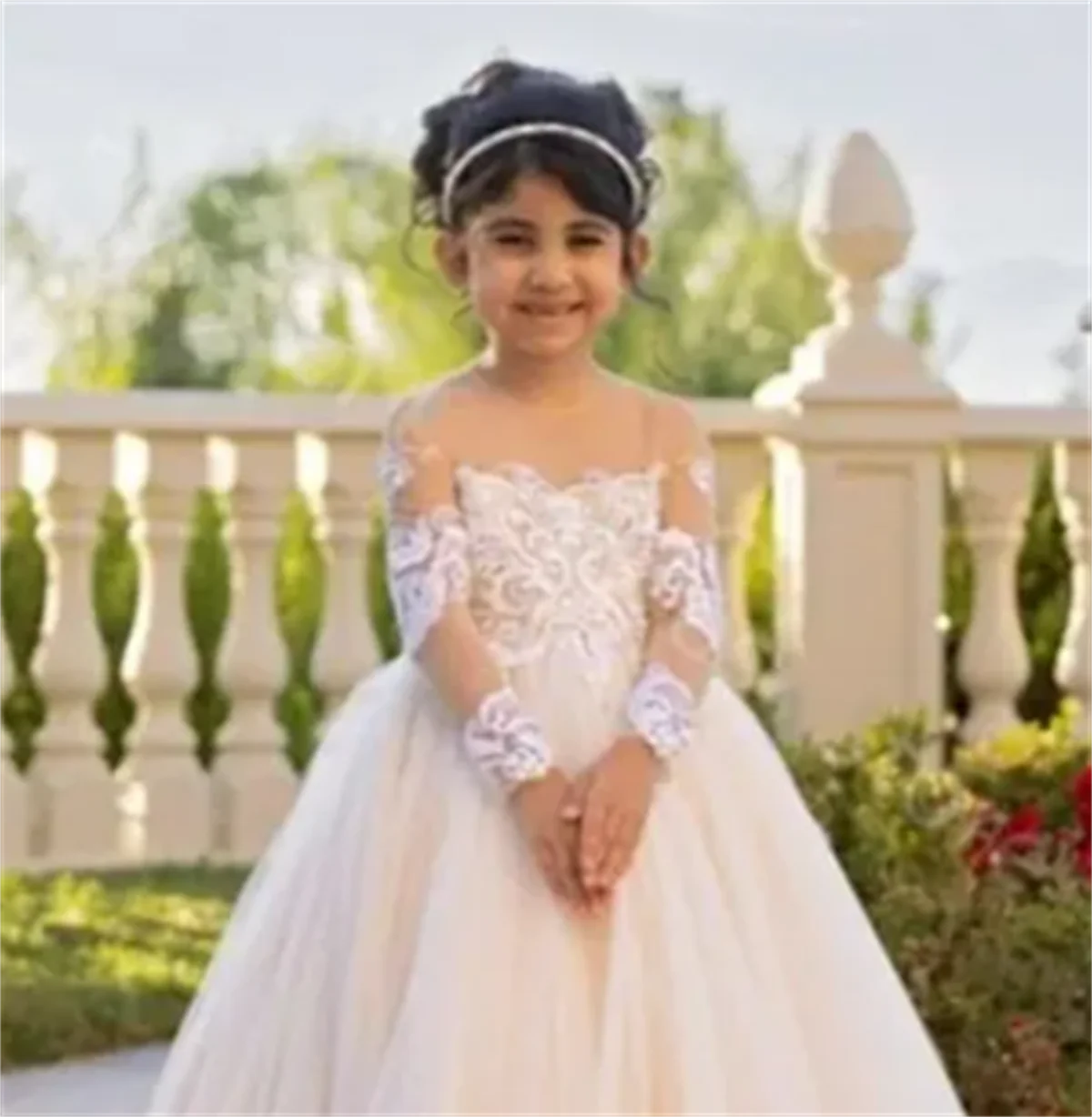 Flower Girl Dress Champange A-line Lace One Shoulder Long Sleeve Bow Wedding Flower Child's First Communion Birthday Party Dress