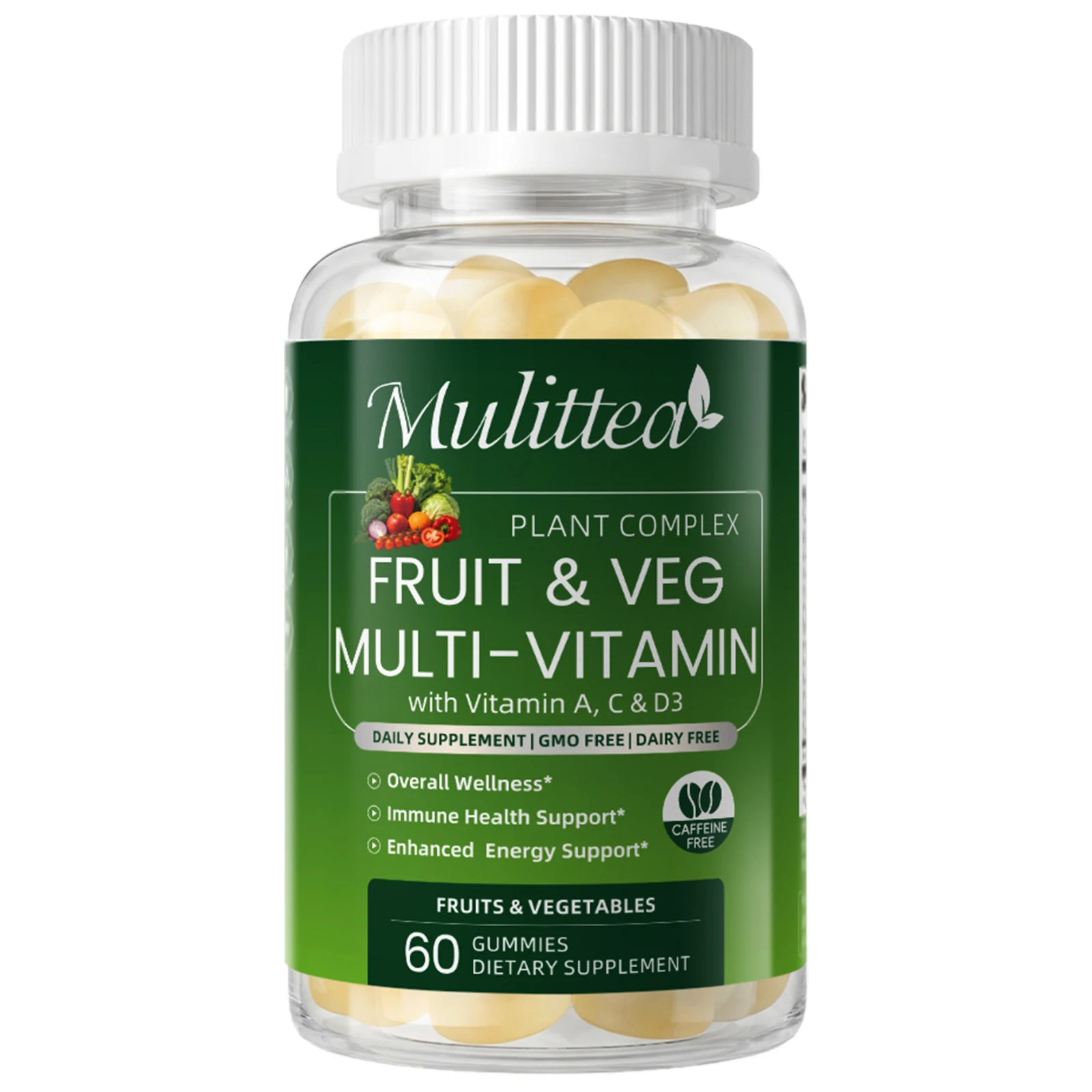 Mulittea Fruits and Vegetables Gummies Daily Multivitamin Supplements Support Immune Health Cellular Defense Energy Metabolism