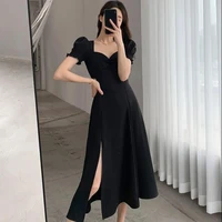 Vestido liso de manga corta abombada elegante con abertura nueva moda para mujer Vestidos completos con cuello en V Vestidos de fiesta de noche ajustados de cintura alta para mujer