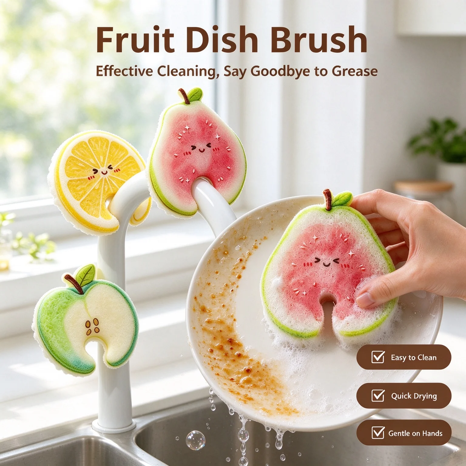 Fruit Shaped Dish Sponge Kitchen Hanging Easy-Clean Scrubber  Multi-Functional Dishwashin Pot Clean Pad Absorbent Sponge Brush