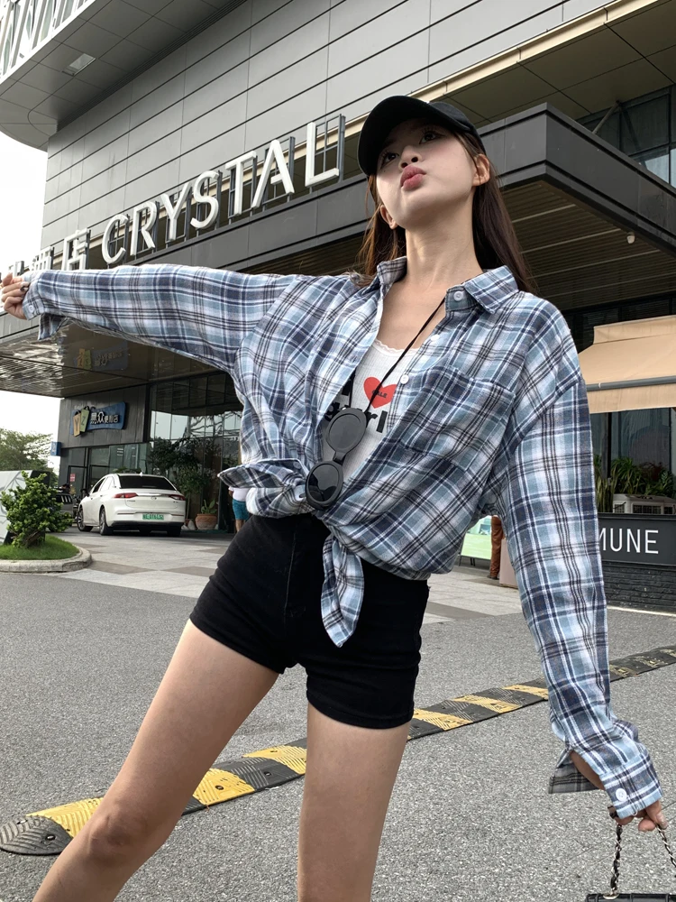 Blue Checkered Loose Casual Shirt Women's Clothing Autumn POLO Collar Long Sleeved Blouse Boyfriend Tops Style Street Versatile