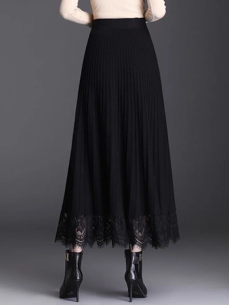 

Юбка женская трикотажная с высокой талией и кружевом, весна-осень-зима, средней длины, А-силуэт, утепленная, из смесовой шерсти