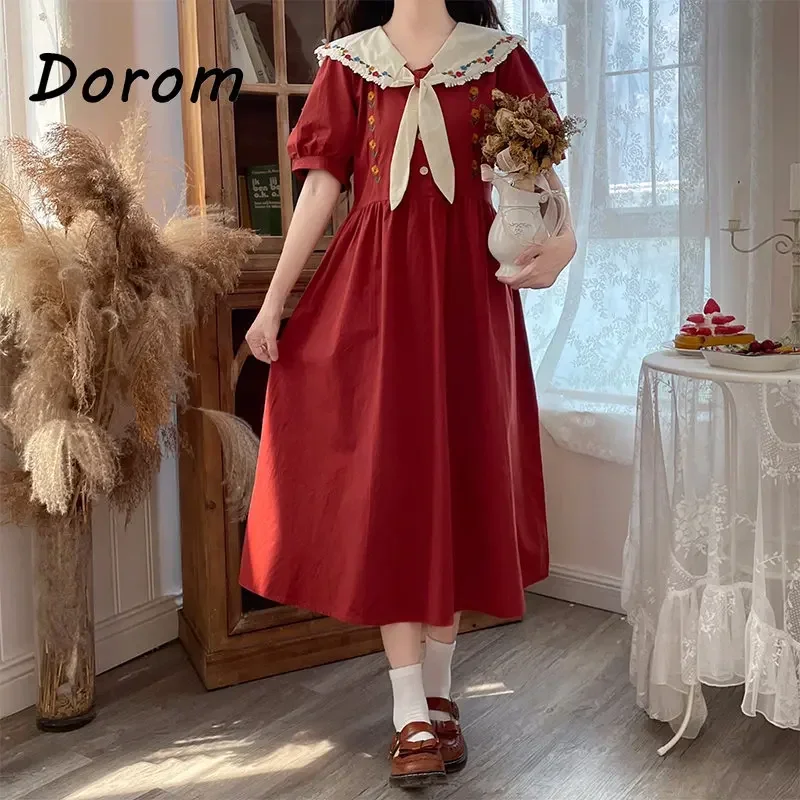 Ricamo Vintage abito Kawaii donna estate stile Preppy coreano colletto Peter Pan manica a sbuffo abito Lolita elegante festa Vestido