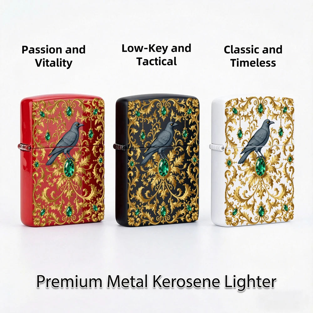 Gothic Raven Flip - Top Lighter, Emerald Green Gem Gold Scroll Pattern, Vintage Decor for Men's Cigarette Case - view 2