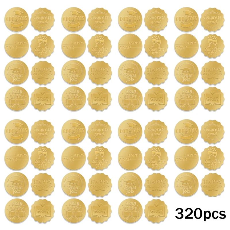 320PCS Graduation Stickers Kit Gold Coin Stickers Kit Gold Embossed Graduation Cap And Diploma Seals Stickers For Envelopes