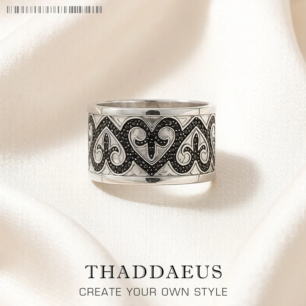 Black Hearts Ornaments Band Ring,Europe Vintage Fine Jewerly For Women Spring New Gift In 925 Sterling Silver