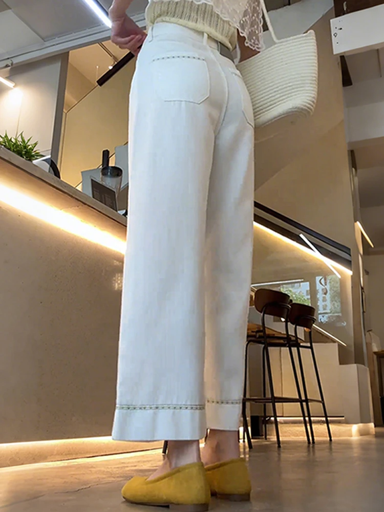 Vaqueros blancos de pierna ancha para mujer, cintura alta, holgados, adelgazantes, drapeados, de talla grande, informales, con cremallera, novedad de otoño