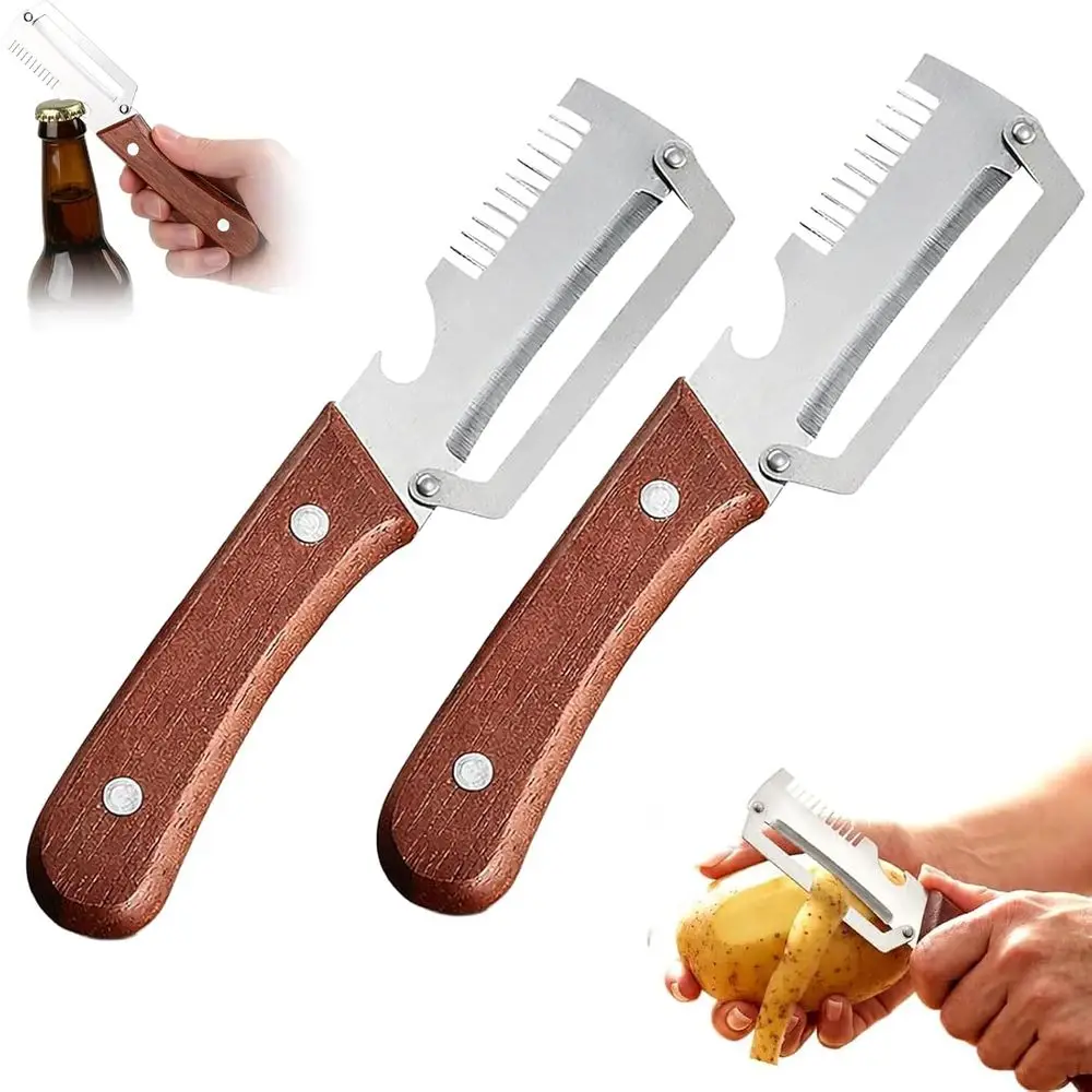 Premium Vegetable Peeler Wooden Handle Bottle Opener: 2-in-1 Stainless Steel Kitchen Tool for Fruit Potato Pumpkin Papaya (1 Pac
