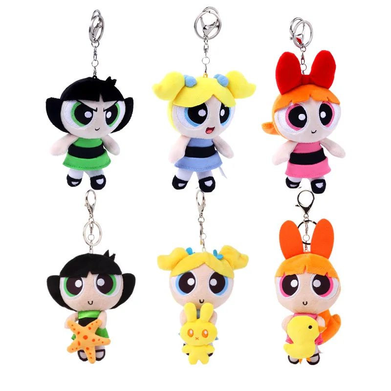 Genuíno 12-13cm powerpuff meninas 2-1 chaveiro de pelúcia bolhas buttercup boneca pingente bonito menina coração saco pendurado decoração moe