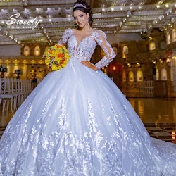 Luxurious Wedding Dress Embroidered Lace On Net With Appliques Ball Gown Full Sleeve O-Neck Customized Button Vestido De Novia