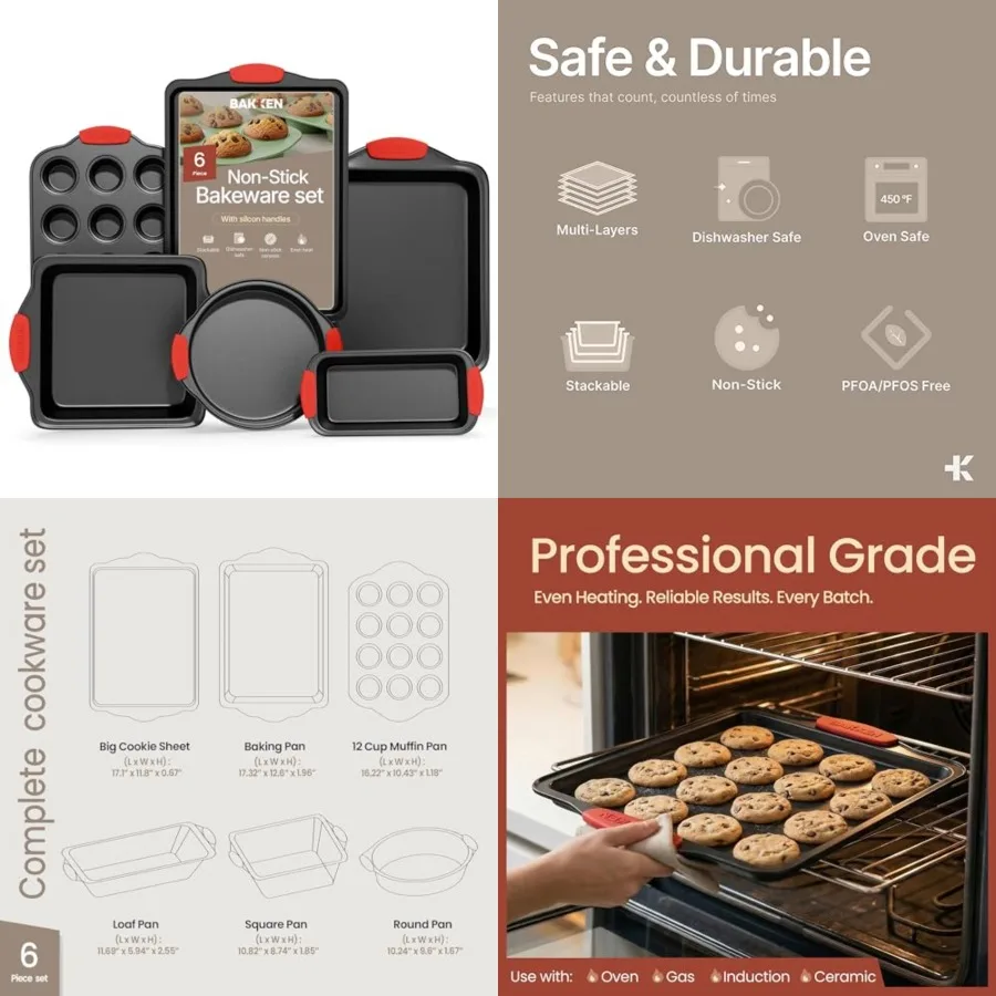 

Baking Set 6 Pcs Kitchen Oven Bakeware Set Deluxe Non-Stick Coating Inside and Outside Carbon Steel Red Silicone Handles PFOA P
