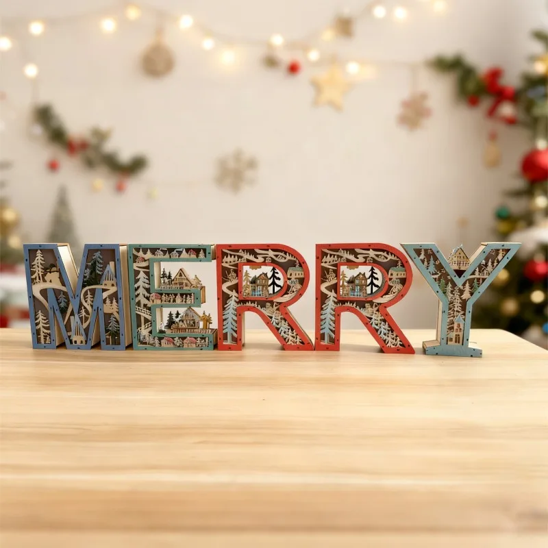 Wooden LED Merry Sign Winter Decorations for Home Office Shelf Mantel Indoor Wood 3D Letter Decor Table Top Party Decoration