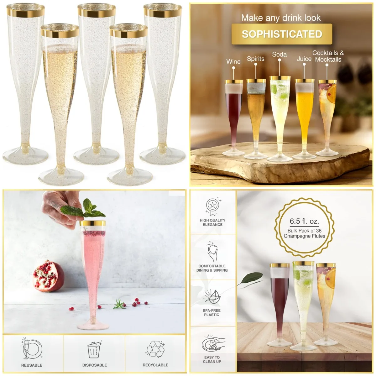 

CHATEAU FINE Gold-Rimmed Plastic Champagne Flutes, 6.5 Oz with Glitter Mimosa Design, Disposable Party Glasses