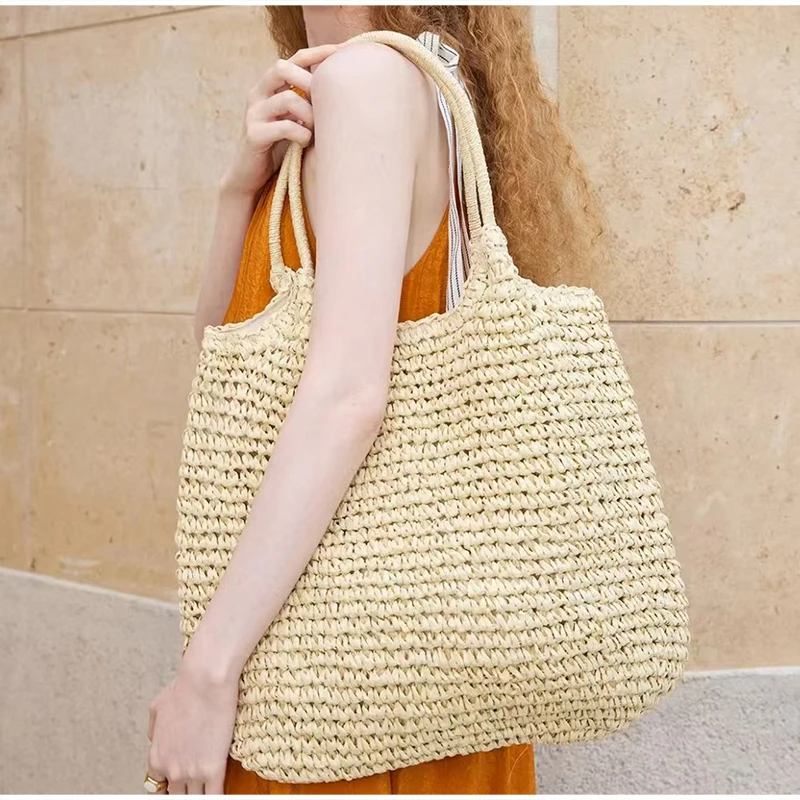 Vintage Einfarbige Gewebte Schultertasche, Minimalistische Casual Pendler-Handtasche für Frauen, Sommer Strand Handgefertigte Leichte Tasche – Detail 2