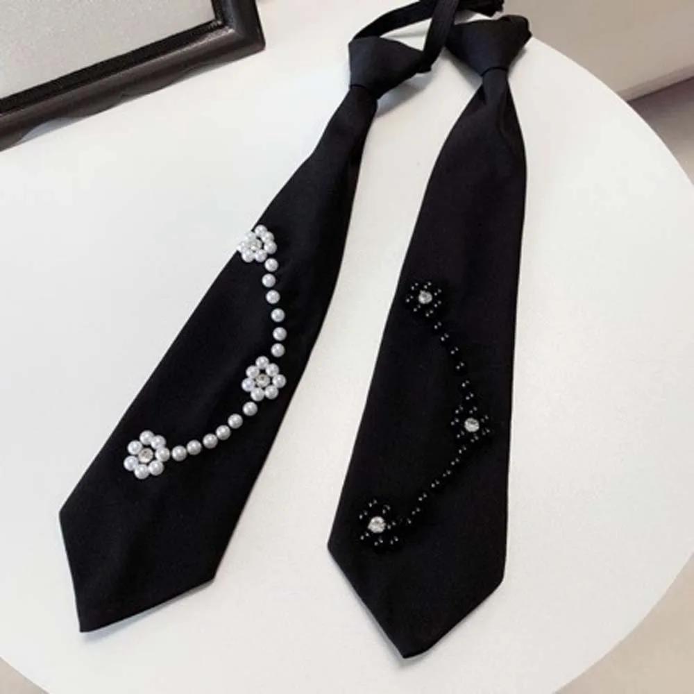 Korean Style Pearls Tie Black Tassels Hand-beaded Long Necktie Academic Style Necklace Decoration Shirt Tie Daily