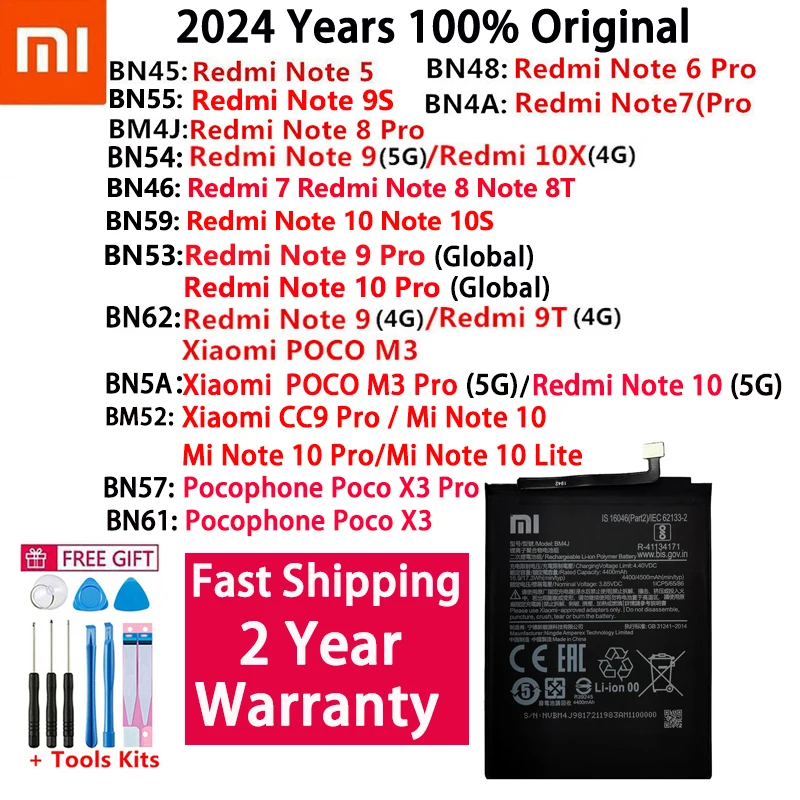 100% Original High Quality Battery For Xiaomi Redmi Note 5 6 7 8 8T 9 9T 9S 10X 10 10S POCO M3 X3 CC9 Pro Lite Batteries Bateria