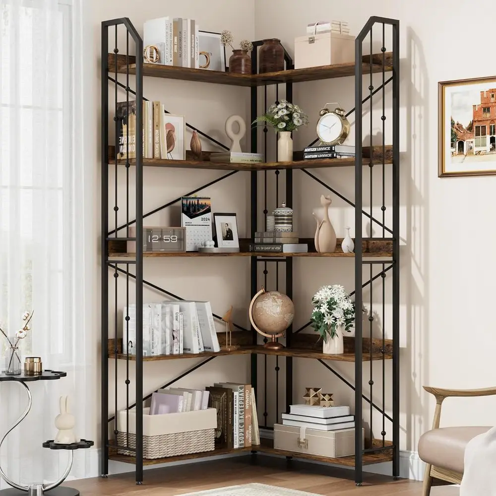 72 L Shaped Bookcase, 5 Tier L-Shape Bookshel, Large Bookcases with Beaded Design Tall Display Rack Shel for Living Room Bedroom