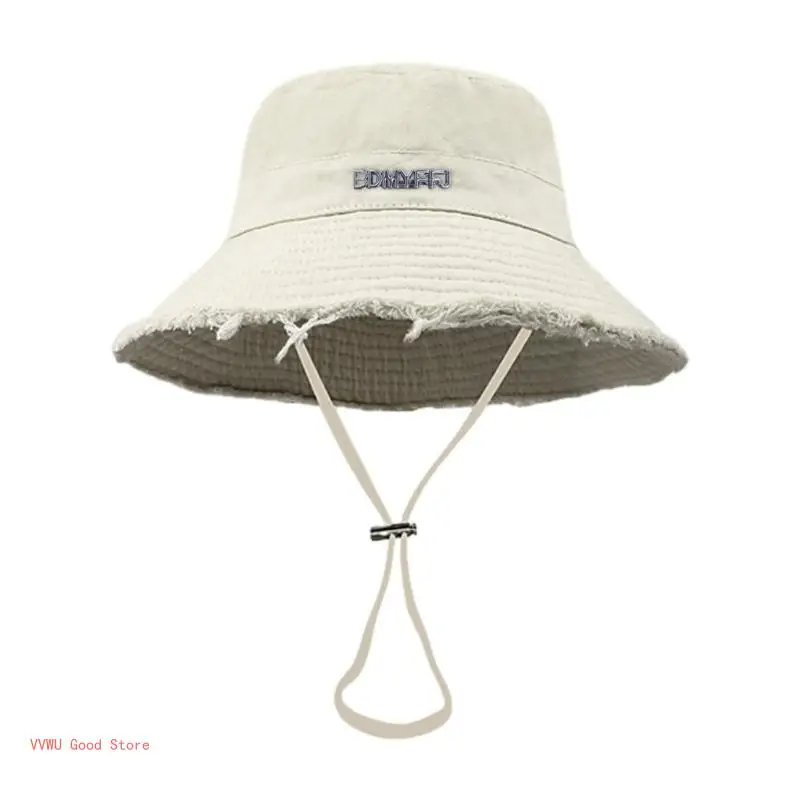 Adult Frayed Design Fisherman Hat Wide Brim Sunproof Bucket Hat Summer