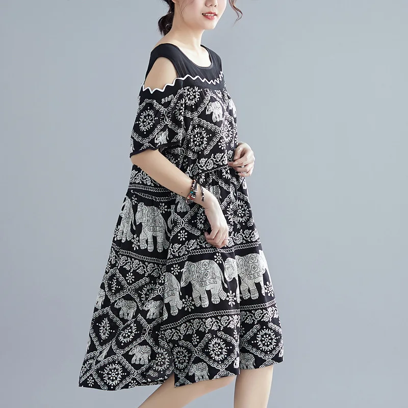 

Women's round neck loose off-the-shoulder wave printed casual dress, plus size, summer fashion, new style,