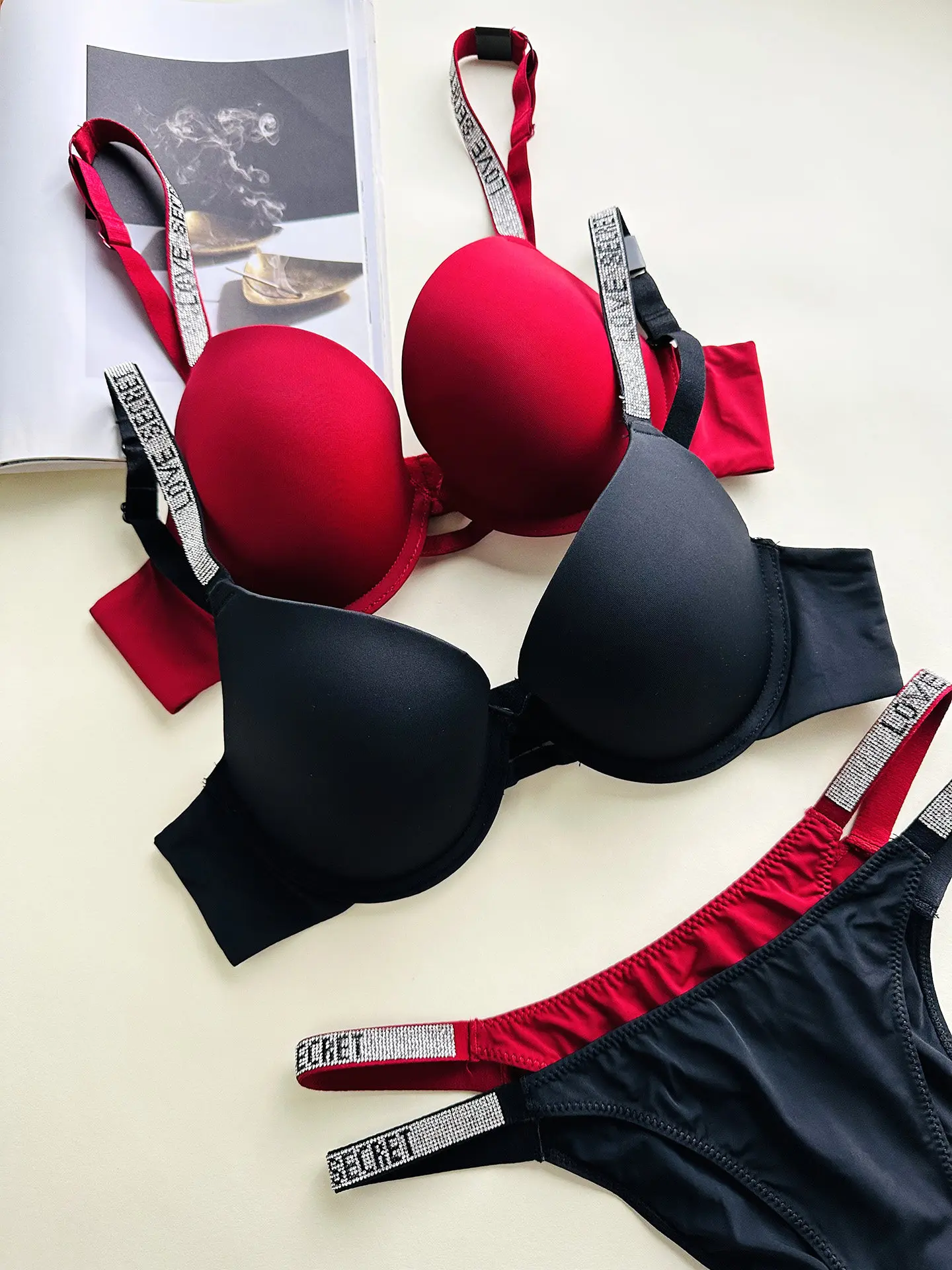 Women's Smooth Seamless Push-Up Bra Set for Small Busts – Rhinestone Letter Straps, Sexy Lift, Comfortable & Breathable