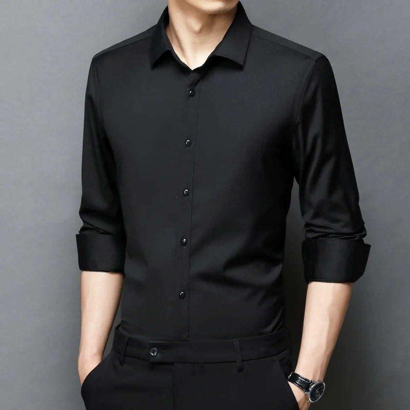 

Nice Pop Black Pure Color Men Shirt Bamboo Fiber Long Sleeve Shirt Casual Thin Shirt Business Commuting Camisa Masculina