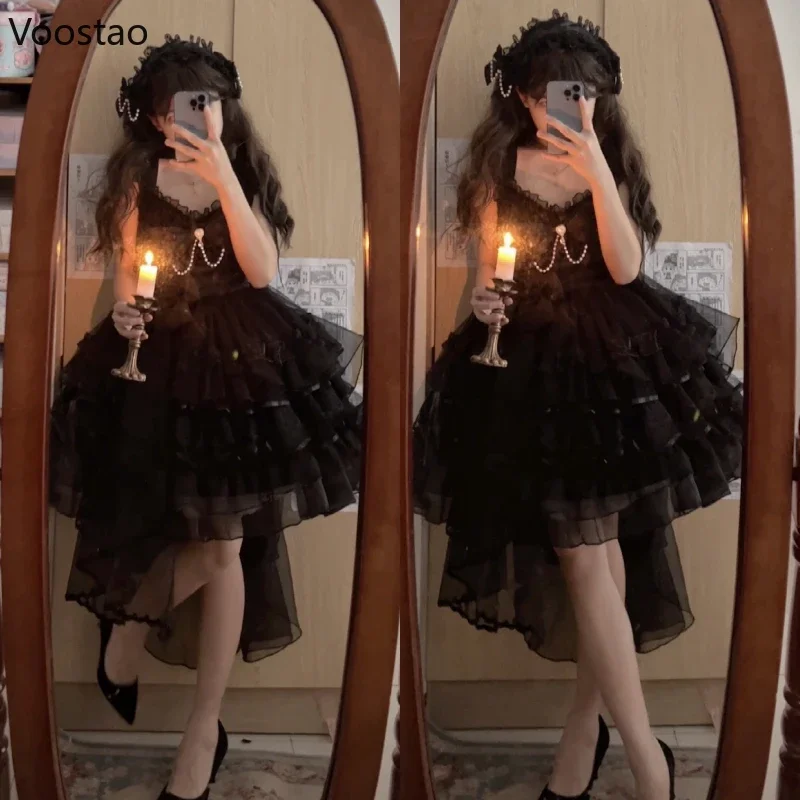 Słodka sukienka księżniczki Lolita Vintage wiktoriańskie kobiety eleganckie falbany perłowa kokarda Party wielowarstwowe sukienki dziewczęce ślubne Kawaii Vestidos