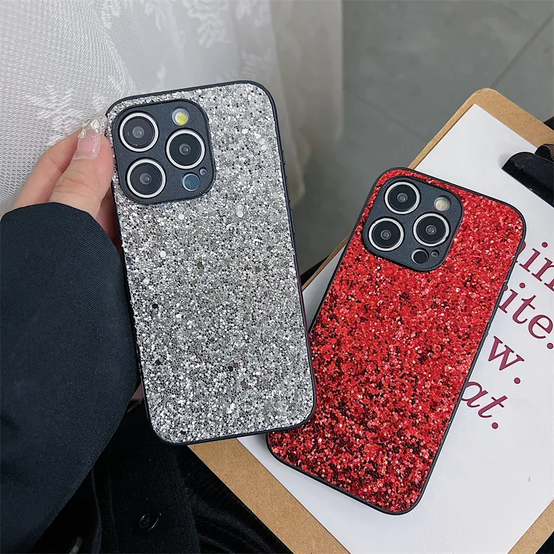 Custodia rigida per PC con glitter di lusso per iPhone 16 15 14 13 12 Mini 11 Pro Max Plus Fotocamera Protezione completa Cover posteriore antiurto