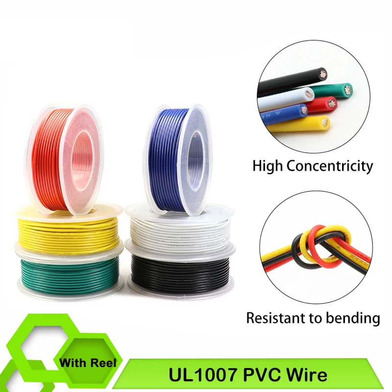 

UL1007 Electric Wire In Roll PVC Insulated Tinned Copper Cable LED Lamp Lighting Line 300V Kit 30/28/26/24/22/20/18/16AWG