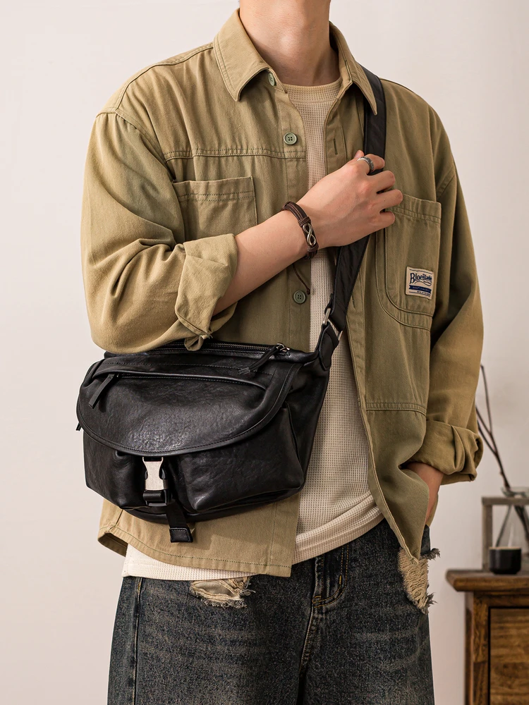 

Vintage casual designer handmade genuine leather men's crossbody bag outdoor travel real cow leather sport black shoulder bag