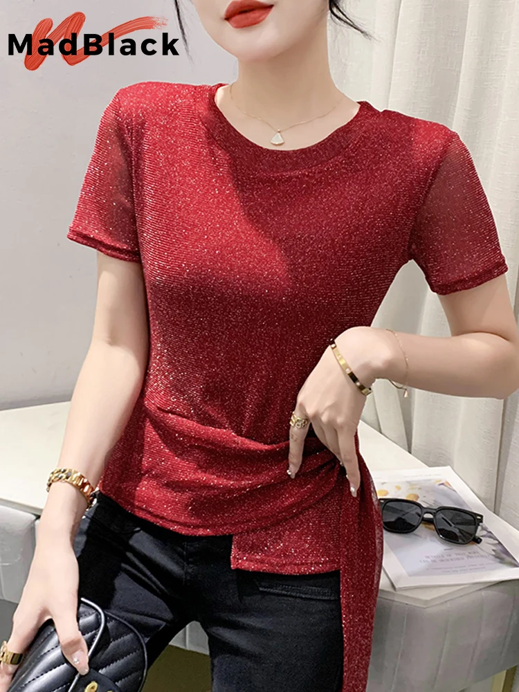 MadBlack Summer European Clothes O Necks T-Shirt Women Sexy Shiny Stretchy Mesh Slim Waist Tops Short Sleeves Tees New T35280C