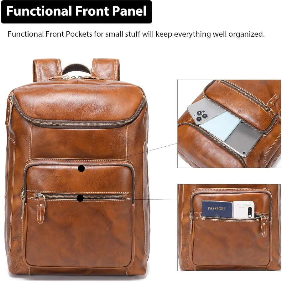 حقيبة ظهر من الجلد المدبوغ بالخضراوات من LANNSYNE للرجال مقاس 17 بوصة حقيبة ظهر للكمبيوتر المحمول كاجوال للعمل في الهواء الطلق حقيبة ظهر للسفر بسحابات YKK #4